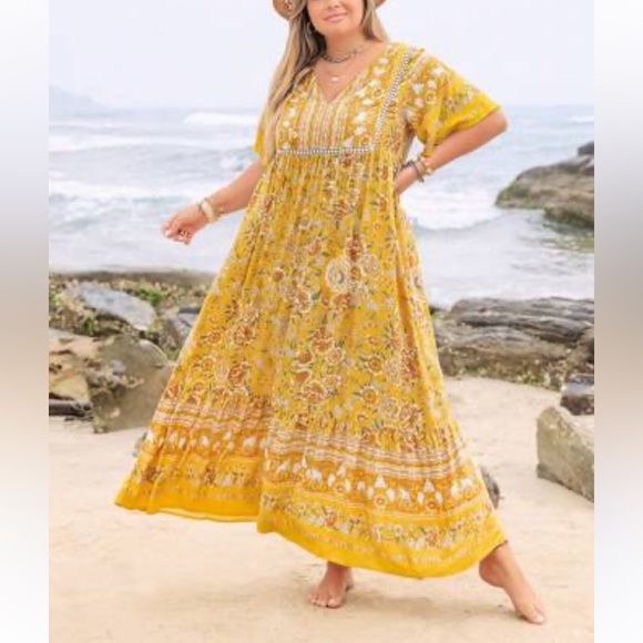 RUSTTYDUSTTY YELLOW FLORAL BOHO MAXI DRESS 2XL - Picture 1 of 7